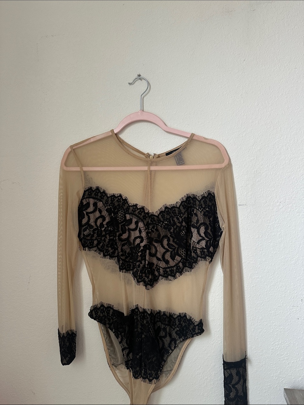 Forever 21 Nude Mesh Bodysuit with Black Lace